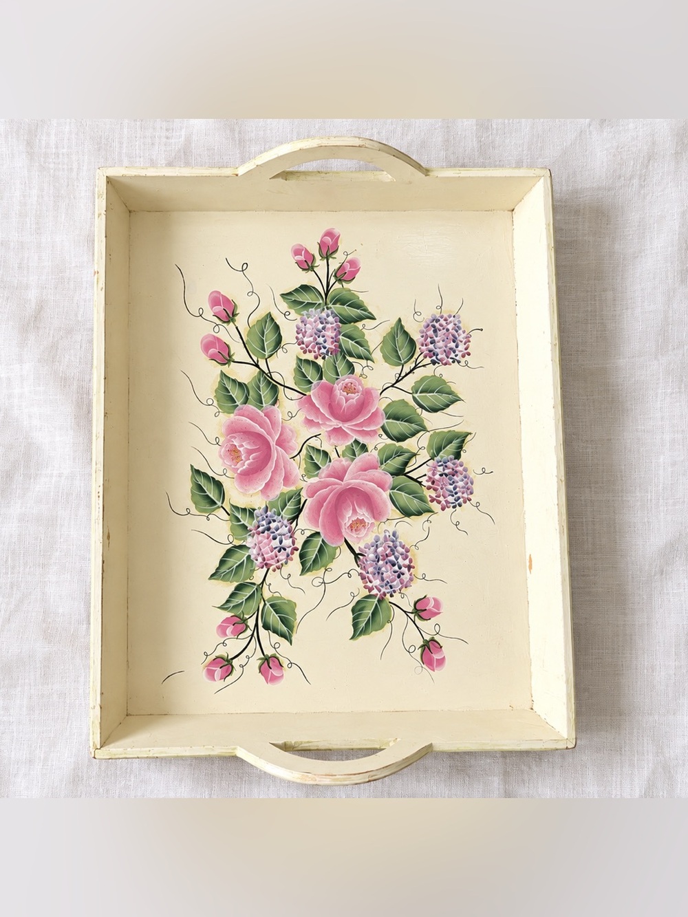 Vintage Hand Painted Floral Wooden Serving Tray 14” x 12” Cottagecore Roses